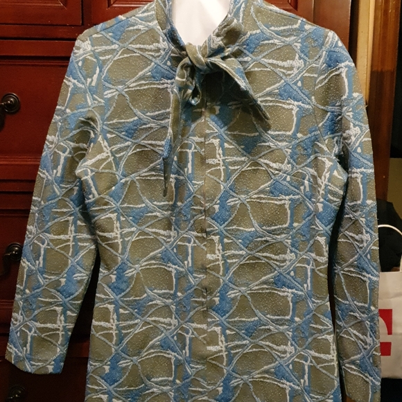 Vtg 70s Blue Splatter Bow Tie Secretary Dress - Picture 2 of 4